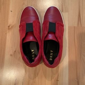 DKNY red leather slip ons